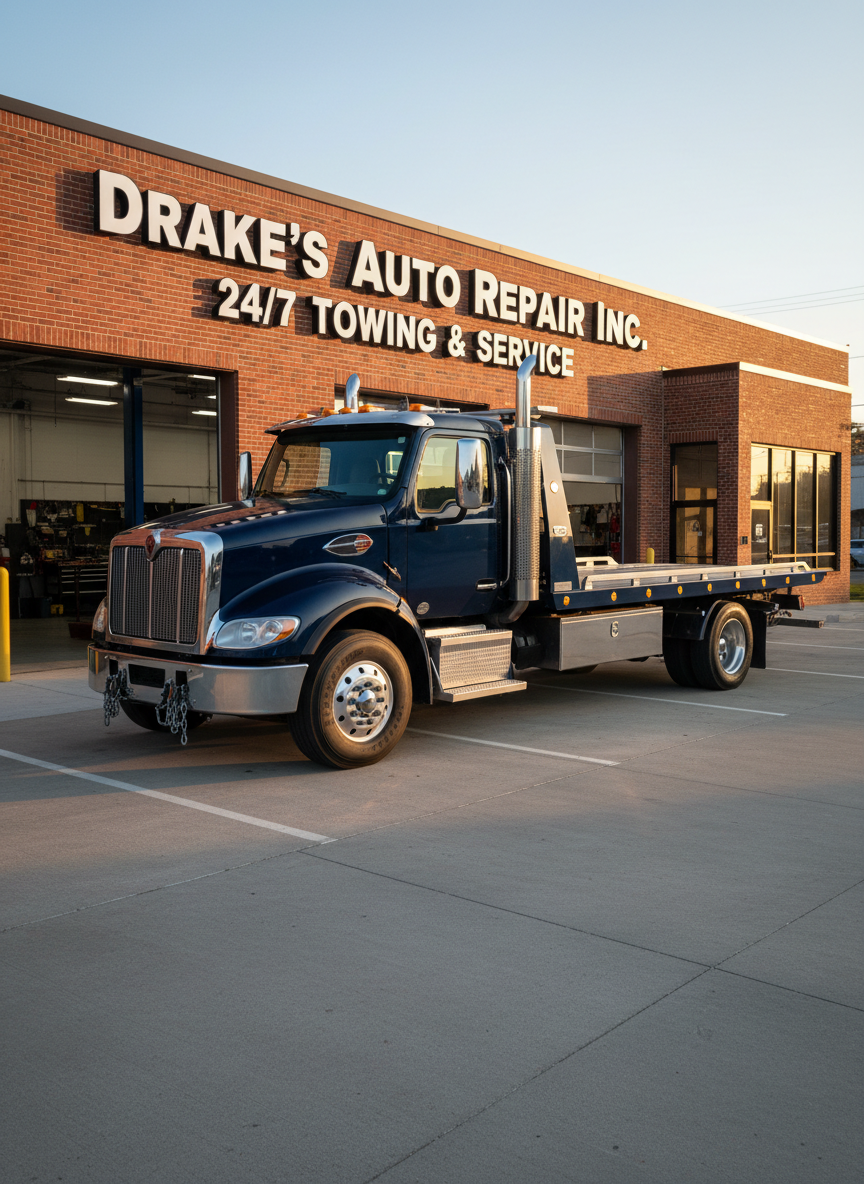 A polished midnight-blue flatbed tow truck parked in front of a neat brick repair facility with bold signage reading “Drake’s Auto Repair Inc.” and “24/7 Towing & Service.” The truck’s steel bed and chrome details are clean and reflective, with sturdy wheel lifts and safety chains neatly arranged. It sits on a freshly striped asphalt lot, surrounded by well-organized service bays and a softly glowing office entrance. Captured at golden hour with warm, low sunlight creating crisp highlights along the truck’s contours and gentle shadows on the ground. Photographic realism, eye-level composition, sharp focus throughout, conveying reliability, professionalism, and decades of trusted service without any human presence.