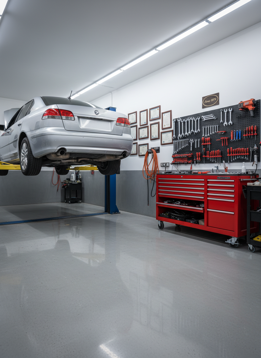 An organized indoor auto repair bay belonging to a long-established family-owned shop, captured in crisp photographic realism. A silver sedan is elevated on a hydraulic lift, its undercarriage clearly visible, with high-quality tools neatly arranged on a red rolling tool chest and wall-mounted pegboards. The concrete floor is spotless with subtle reflections, and the walls feature framed certifications and a discrete “Since 1974” sign. Bright, even overhead LED lighting fills the space, creating minimal shadows and emphasizing cleanliness and professionalism. The composition is a wide, eye-level shot with sharp focus from front to back, communicating trust, expertise, and meticulous care in a modern yet comfortably established repair environment, with no people present anywhere in the scene.