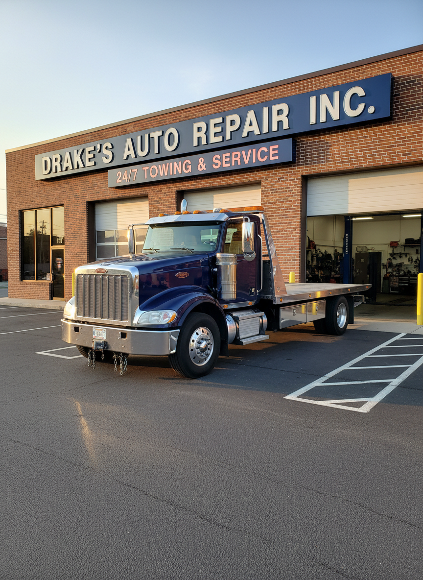 A polished midnight-blue flatbed tow truck parked in front of a neat brick repair facility with bold signage reading “Drake’s Auto Repair Inc.” and “24/7 Towing & Service.” The truck’s steel bed and chrome details are clean and reflective, with sturdy wheel lifts and safety chains neatly arranged. It sits on a freshly striped asphalt lot, surrounded by well-organized service bays and a softly glowing office entrance. Captured at golden hour with warm, low sunlight creating crisp highlights along the truck’s contours and gentle shadows on the ground. Photographic realism, eye-level composition, sharp focus throughout, conveying reliability, professionalism, and decades of trusted service without any human presence.