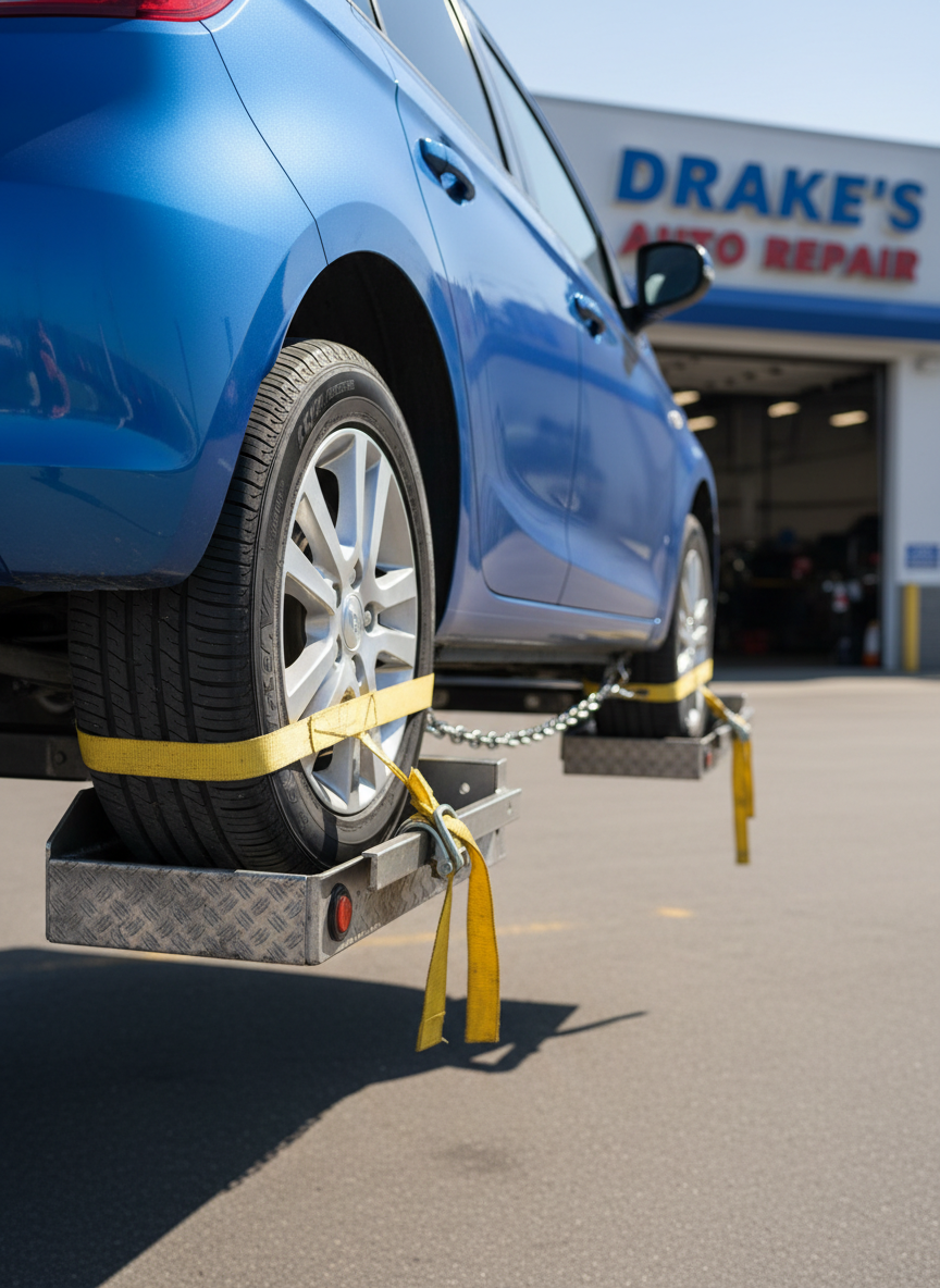 A detailed close-up of a wheel-lift towing a compact car from the rear, showcasing the precision and care of professional towing in photographic realism. The steel cradle arms are snugly positioned under the car’s rear tires, secured with thick, bright yellow straps and a polished safety chain. The car’s tires show crisp tread detail, resting securely in the textured metal wheel trays. Shot in bright, clear daytime light on a clean roadside near the Drake’s Auto Repair facility, with service bays and signage softly blurred in the background. The lighting creates subtle metallic highlights and defined but gentle shadows. Captured from a low, side angle with shallow depth of field, the mood is confident, controlled, and reassuring, emphasizing damage-free, expertly executed towing without any human figures.