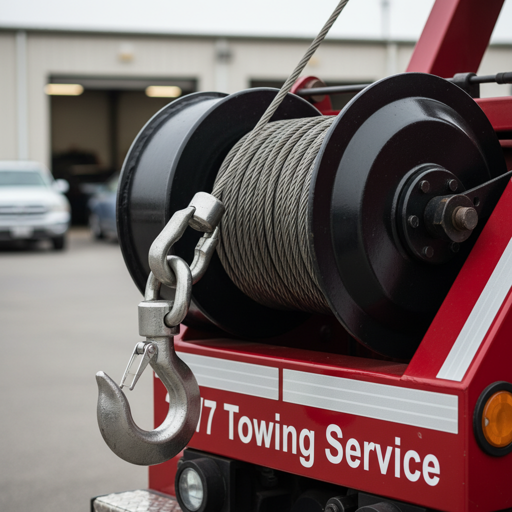 A close-up, three-quarter view of a heavy-duty tow truck hook and winch assembly, rendered in photographic realism. The steel hook shows subtle wear and brushed metal texture, attached to a thick, coiled cable emerging from a robust, glossy black winch drum. The equipment is mounted on a deep red tow truck body, with reflective safety striping and the words “24/7 Towing Service” clearly visible on the side. Shot outdoors in soft overcast daylight, with diffused light reducing harsh shadows and emphasizing clean surfaces and precise engineering. Background elements of the repair facility and parked vehicles are gently blurred with shallow depth of field, creating a calm, confident, professional mood focused entirely on the strength and reliability of the towing equipment.