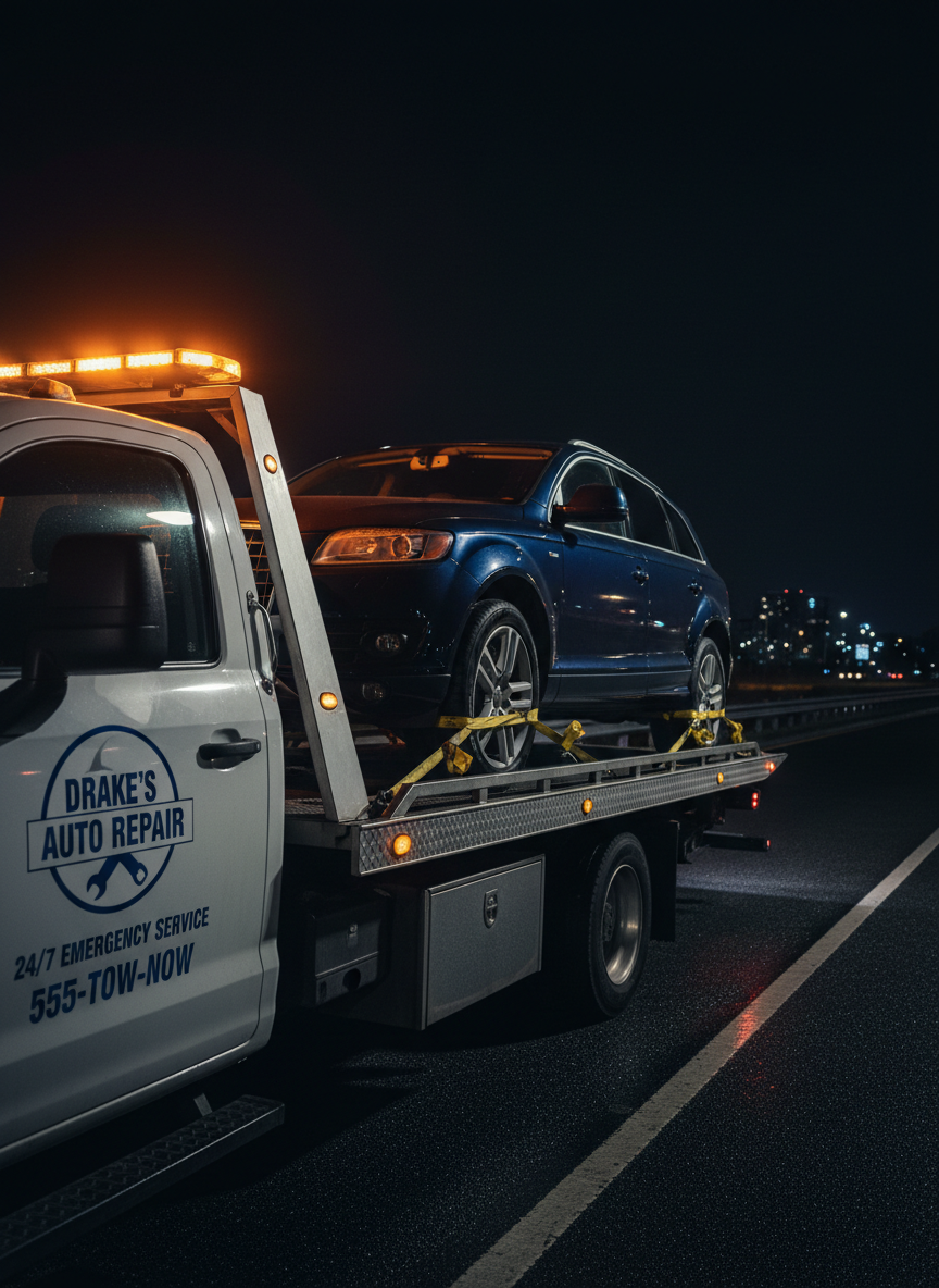 A late-model SUV secured on the tilted bed of a well-maintained flatbed tow truck at night, emphasizing 24/7 emergency service in photographic realism. The truck’s LED light bar flashes amber against a dark, empty roadside, its reflections dancing across the SUV’s glossy paint and the wet asphalt surface. The Drake’s Auto Repair logo and phone number are clearly visible on the truck’s door, illuminated by a soft side light. The composition uses a low-angle, three-quarter perspective with the tow truck dominating the frame, city lights faintly blurred in the distant background. The mood is calm, safe, and reassuring despite the nighttime setting, with controlled highlights and deep, clean shadows conveying readiness and reliability around the clock.